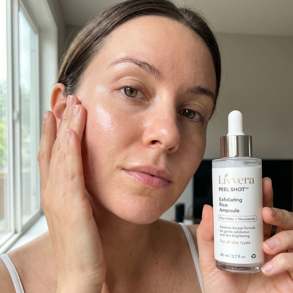 Woman holding a bottle of Liviera skincare product near her face.