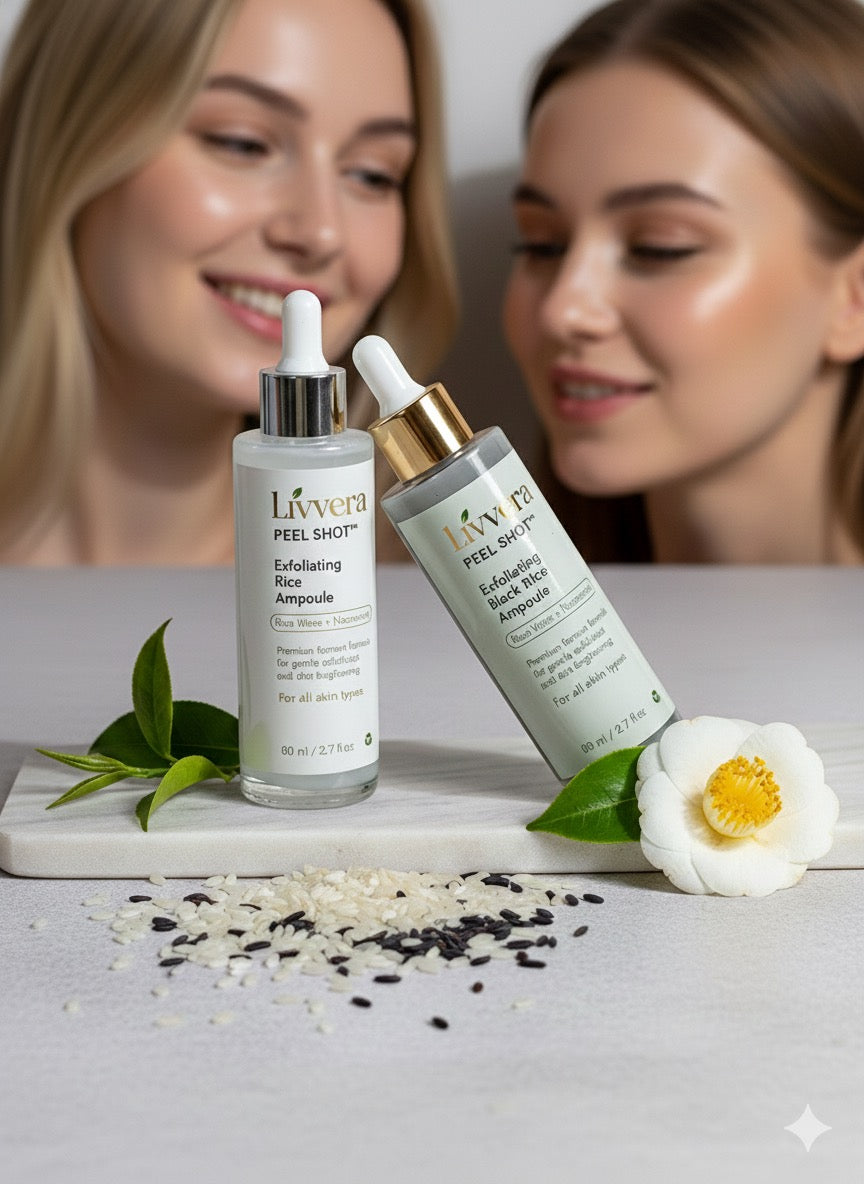 Livvera PEEL SHOT™ — Black & White Rice Duo: Premium Exfoliating Ampoule Set (2 x 80ml)