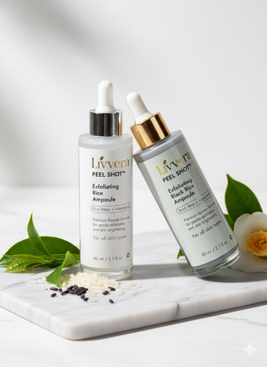 Livvera PEEL SHOT™ — Black & White Rice Duo: Premium Exfoliating Ampoule Set (2 x 80ml)