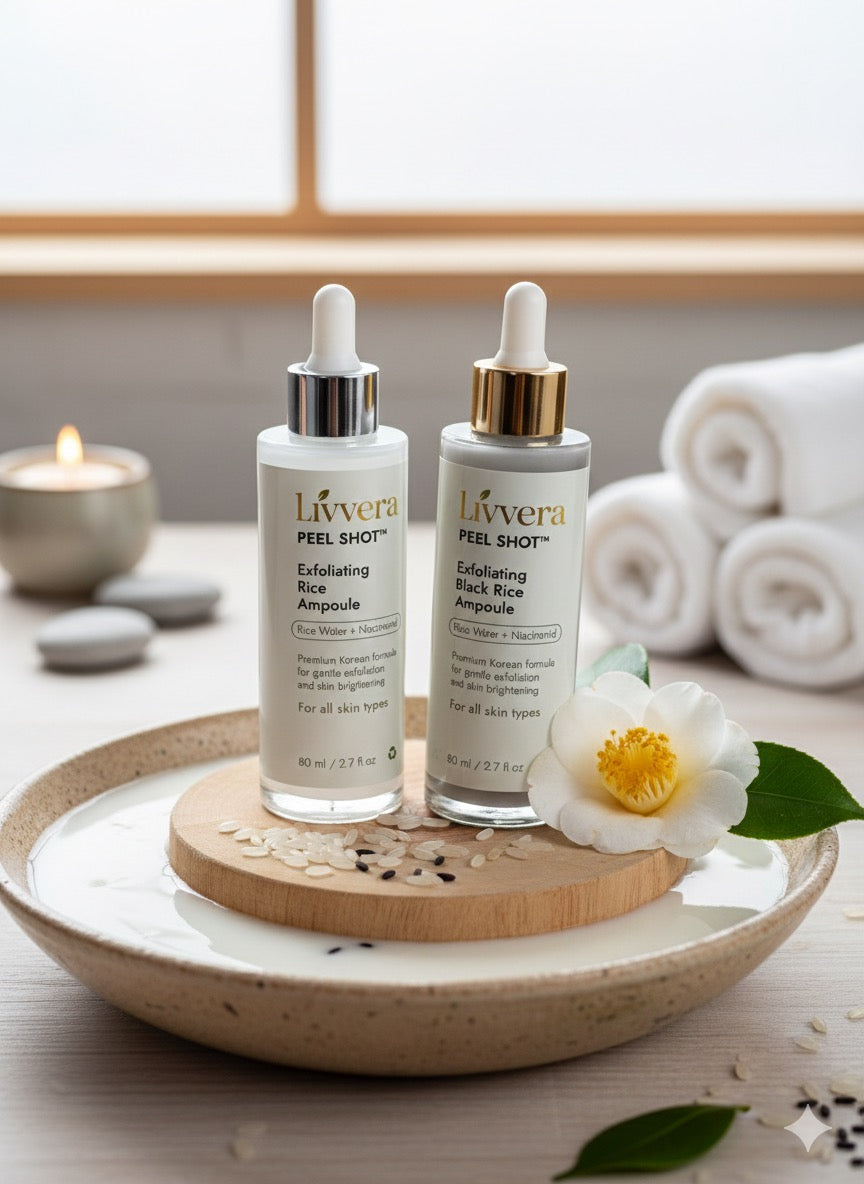 Livvera PEEL SHOT™ — Black & White Rice Duo: Premium Exfoliating Ampoule Set (2 x 80ml)