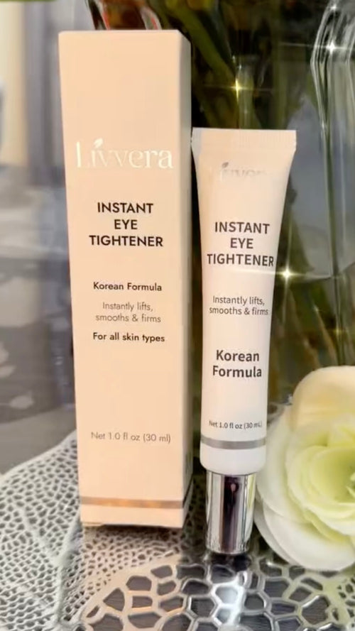 Invera Instant Eye Tightener with packaging on a reflective surface with flowers in the background