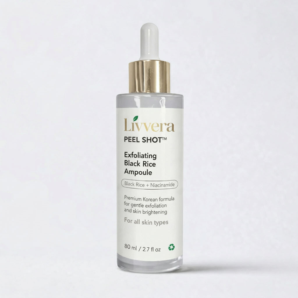 Livvera Exfoliating Black Rice Ampoule bottle on a white background