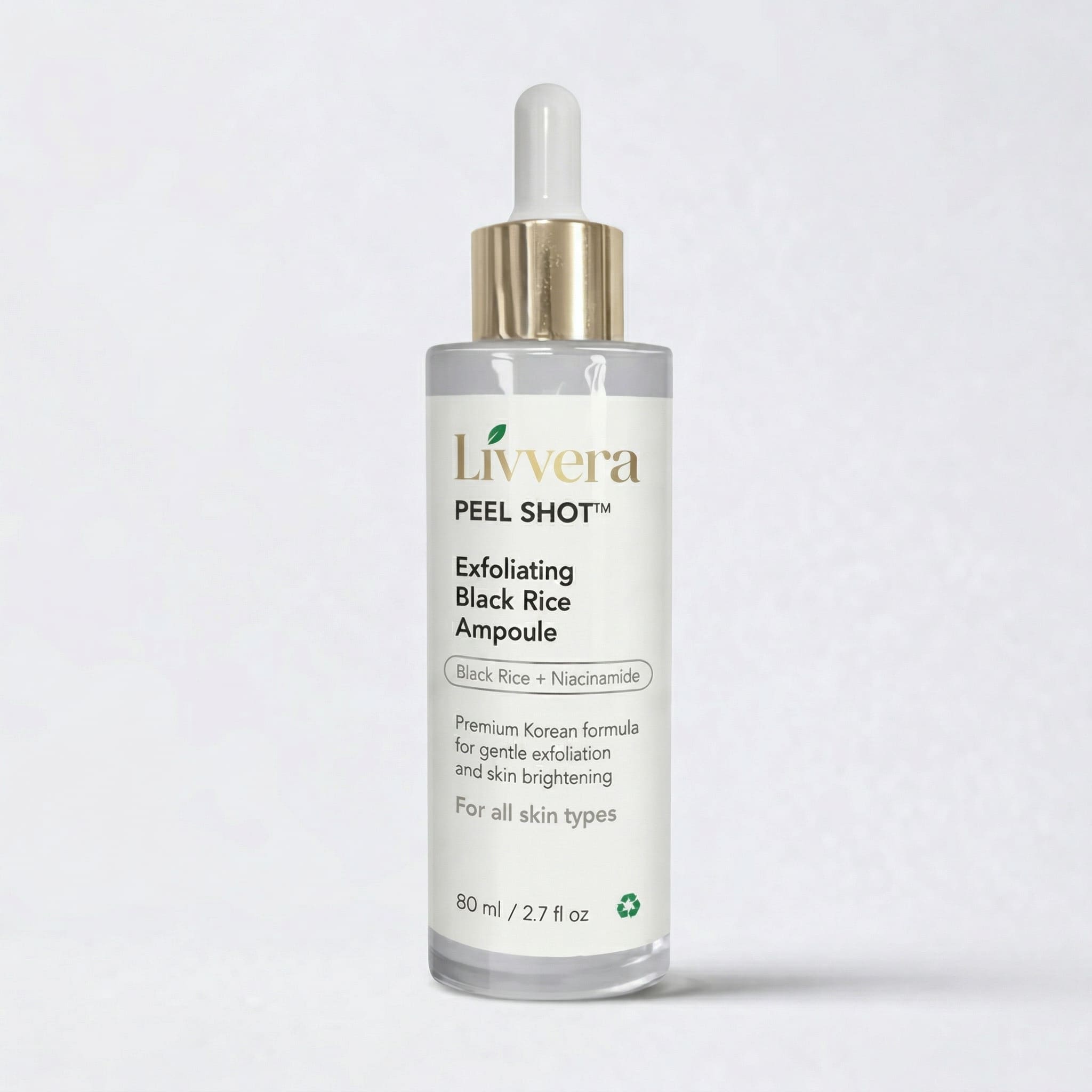 Livvera Exfoliating Black Rice Ampoule bottle on a white background