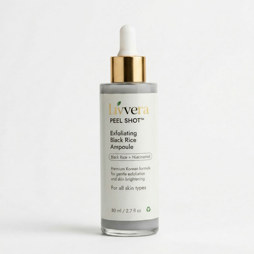 Liyvera Exfoliating Black Rice Ampoule bottle on a white background