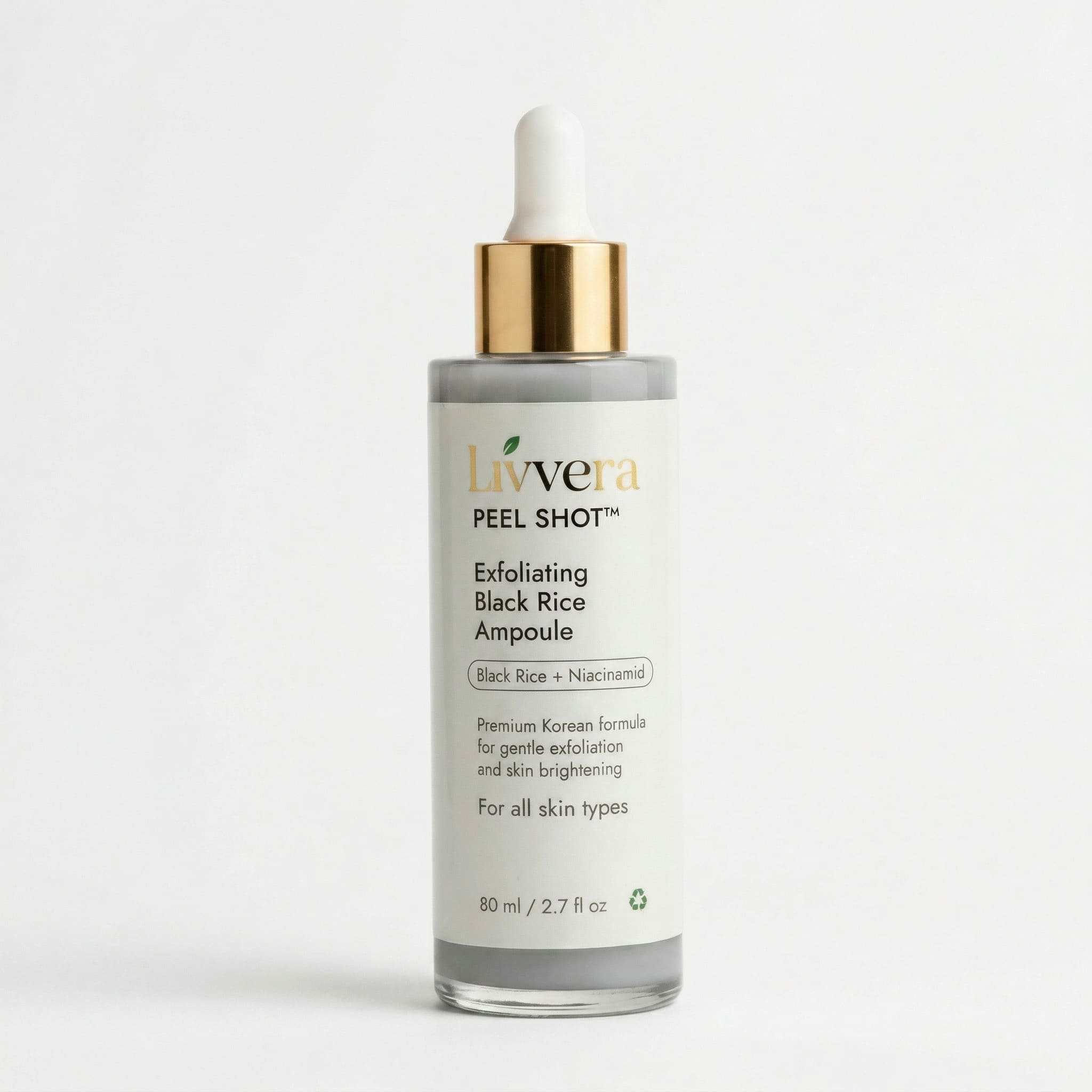 Liyvera Exfoliating Black Rice Ampoule bottle on a white background