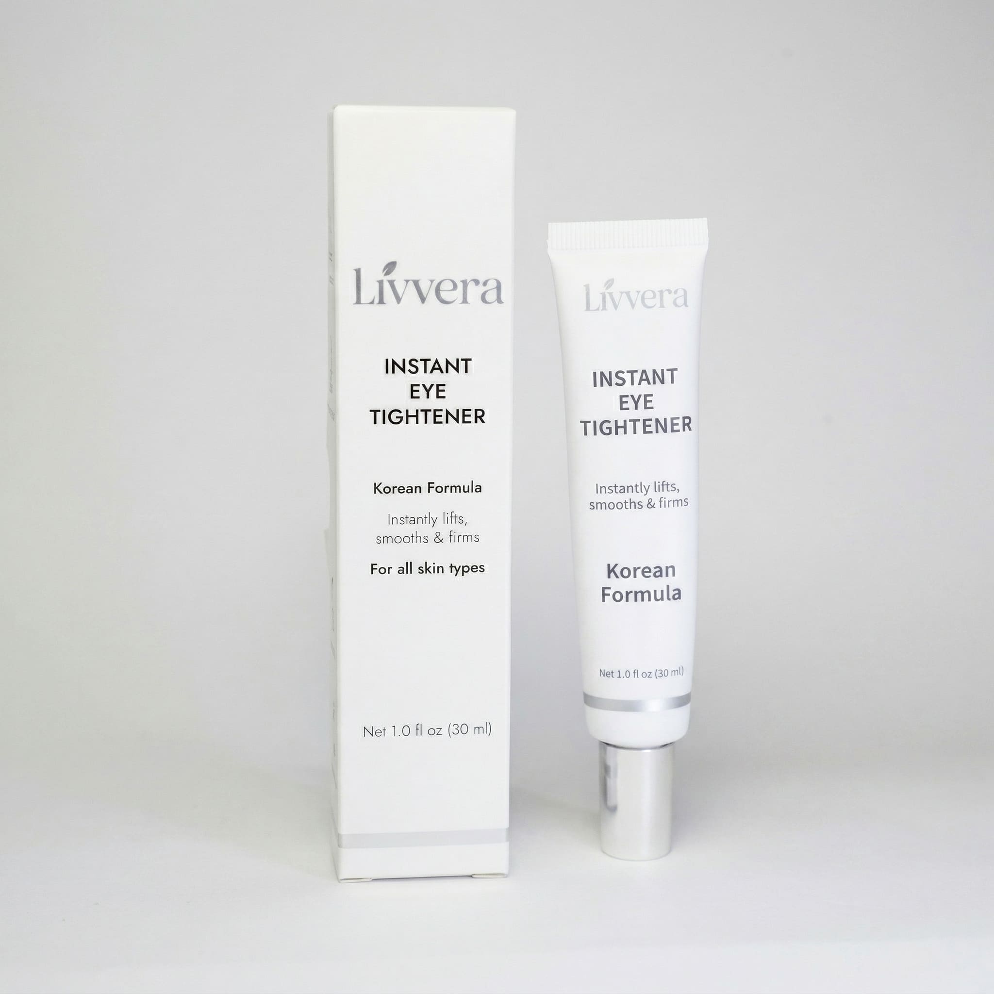 Two bottles of Livvera Instant Eye Tightener on a white background