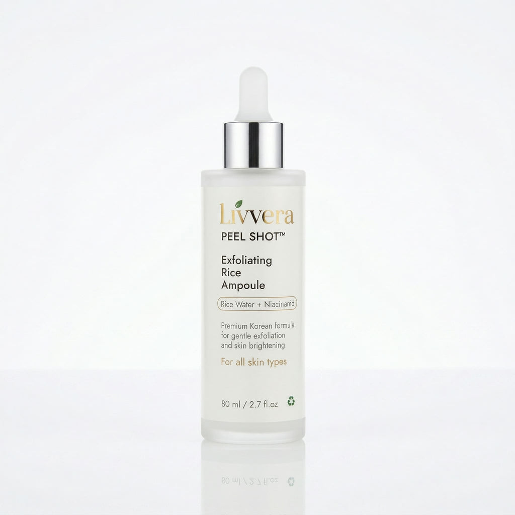 Livvera Exfoliating Rice Ampoule bottle on a white background