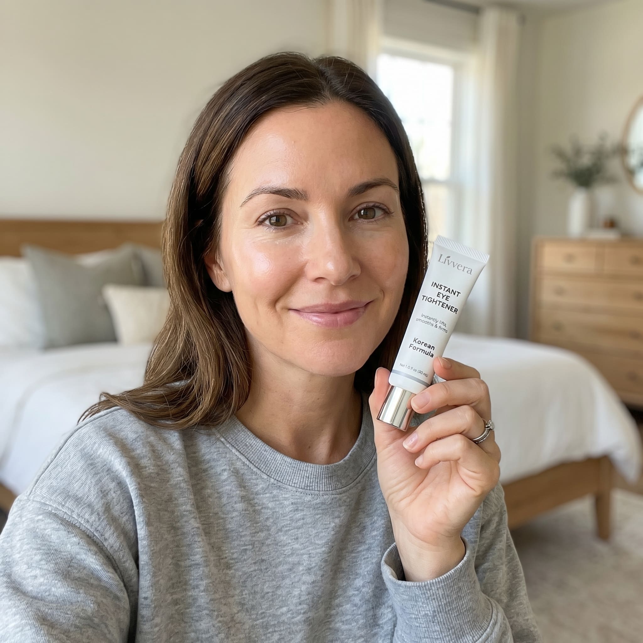 Woman holding a skincare product in a bedroom setting