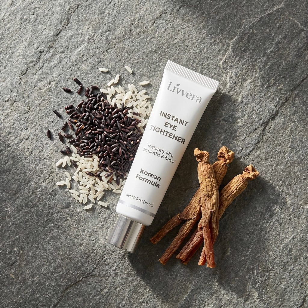Livera Instant Eye Tightener tube on a stone surface with rice and roots