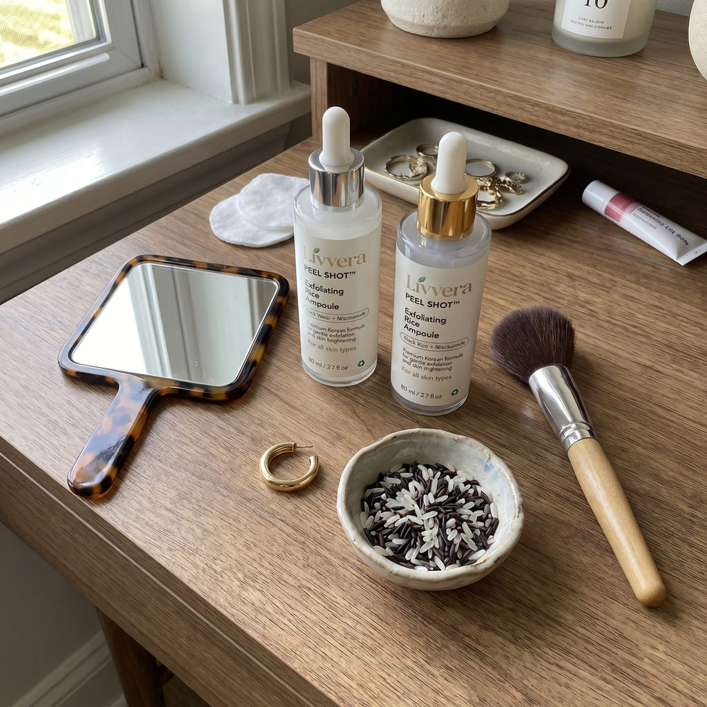 Skincare products and tools on a wooden surface with a window in the background