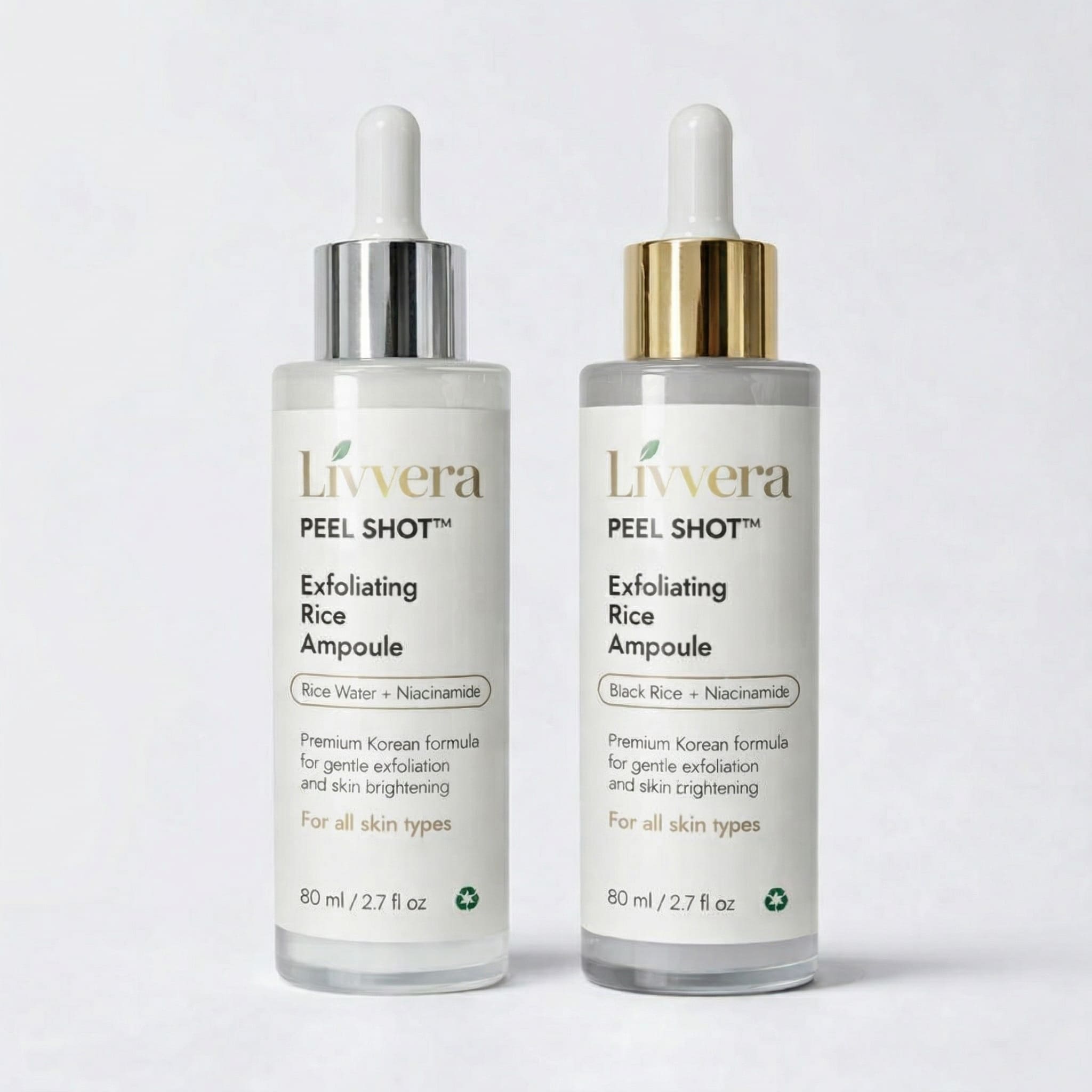 Two Livvera Exfoliating Rice Ampoules on a white background