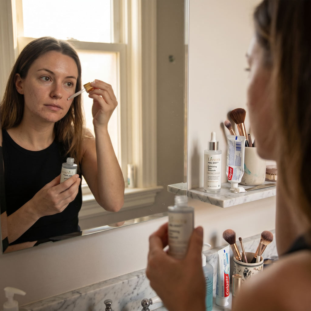 Woman applying skincare product in front of a bathroom mirror with various skincare items on the counter.