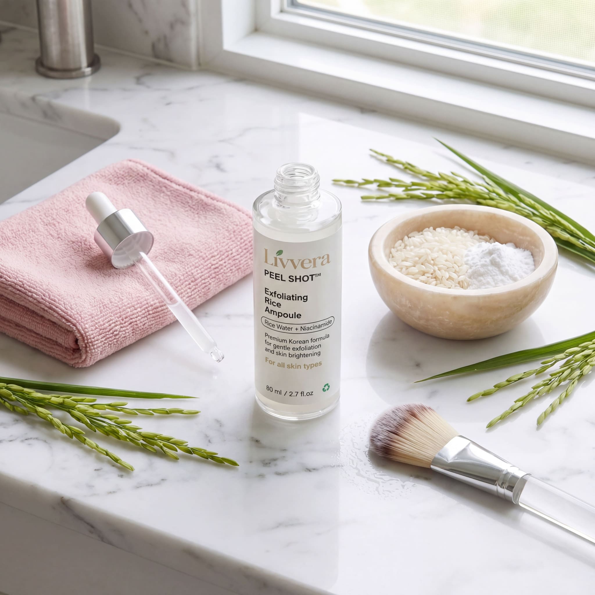 Skincare products on a marble surface with green leaves and a brush.