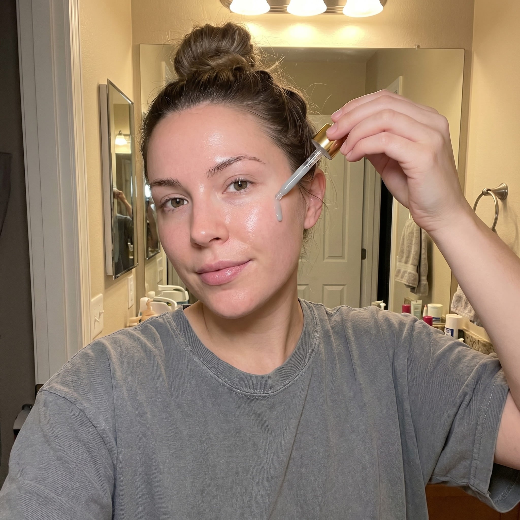 Woman applying a skincare product to her face in front of a mirror.