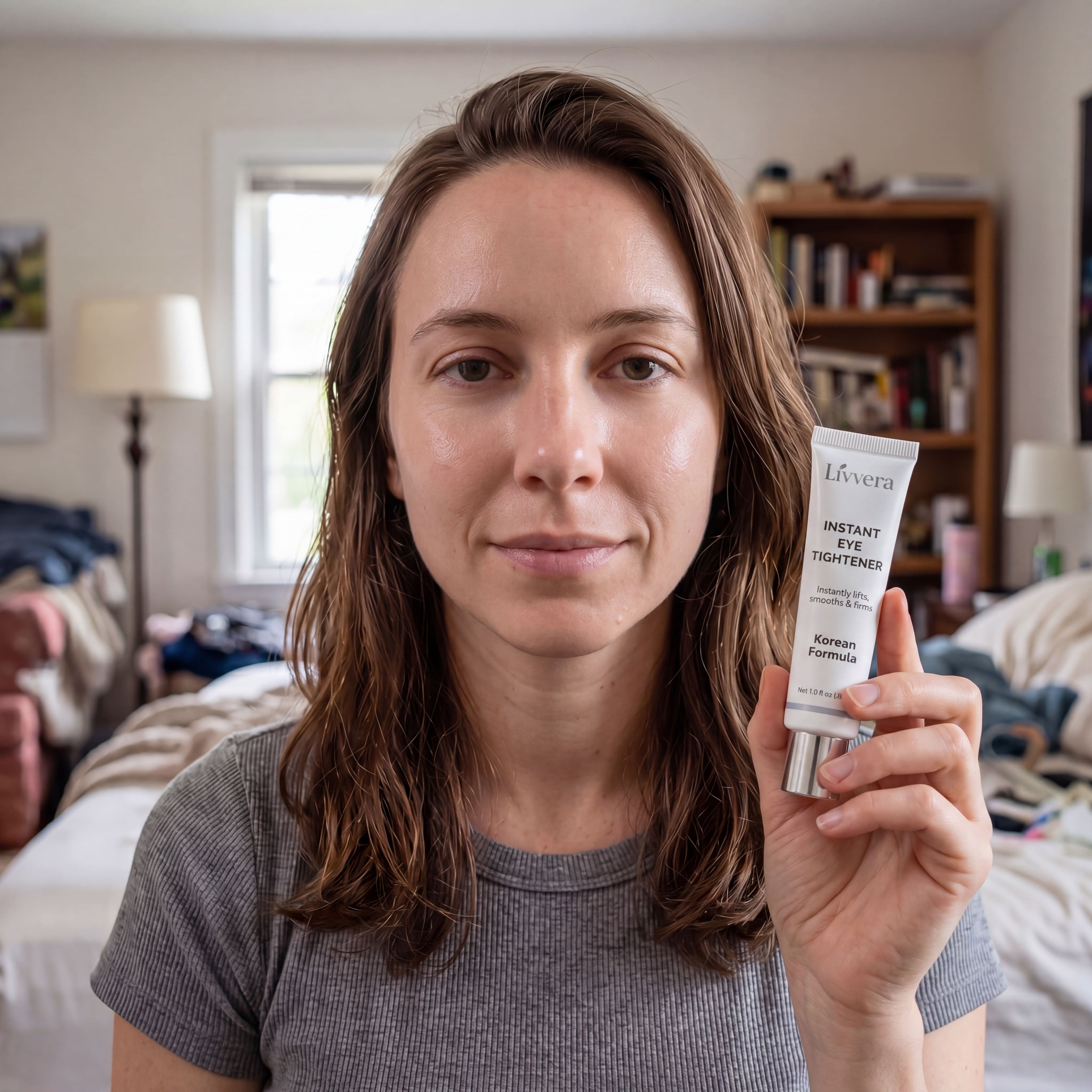 Woman holding a skincare product in a casual indoor setting