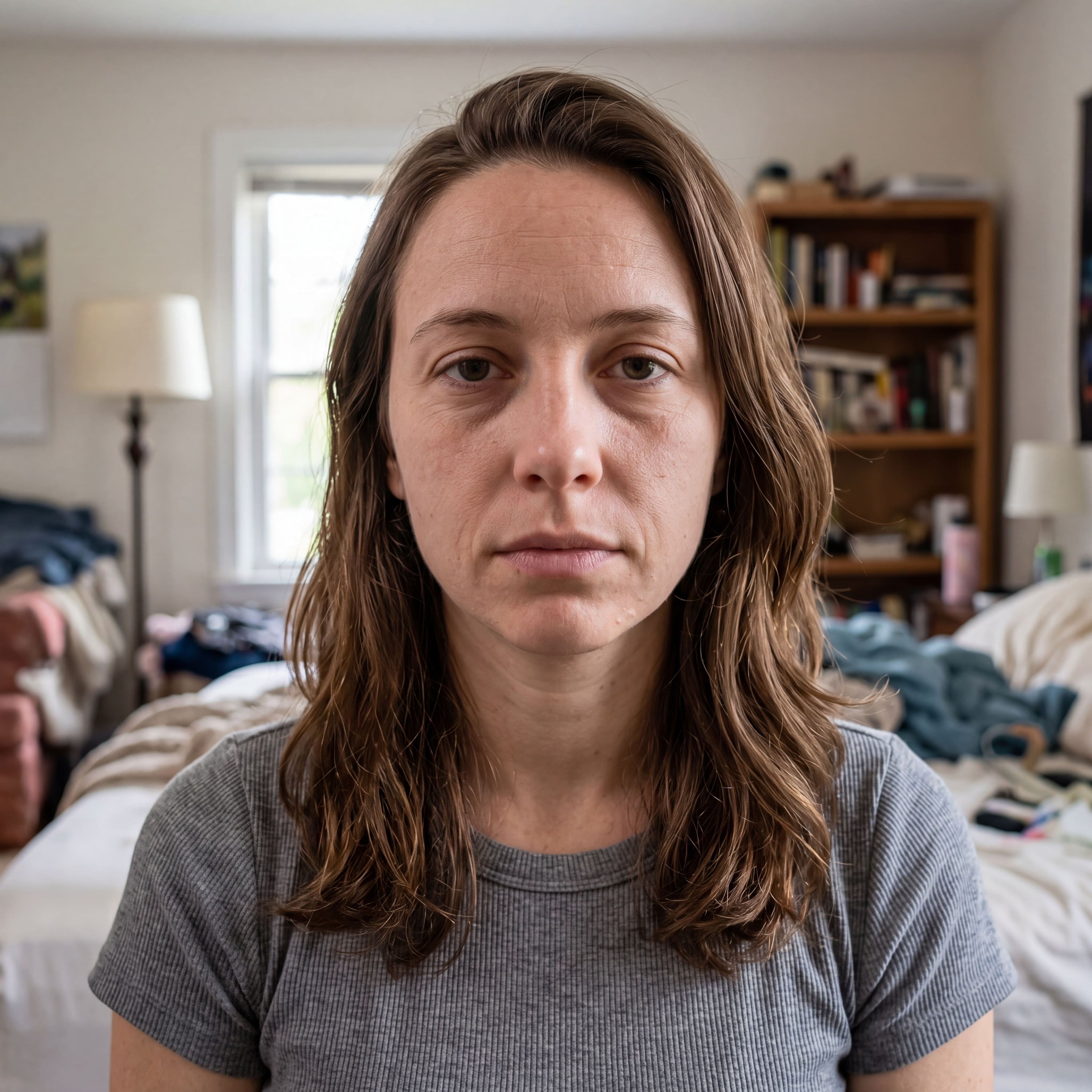 Woman in a gray t-shirt standing in a bedroom with a bookshelf and lamp in the background.