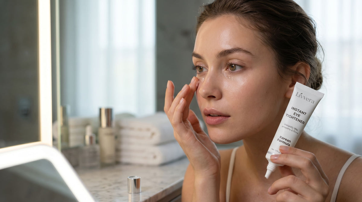 Woman applying skincare product in front of a mirror
