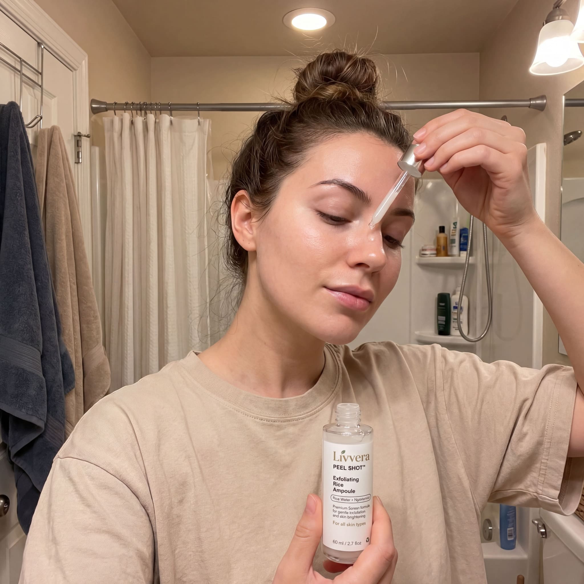 Happy customer holding the Livvera Exfoliating Rice Ampoule skincare serum.