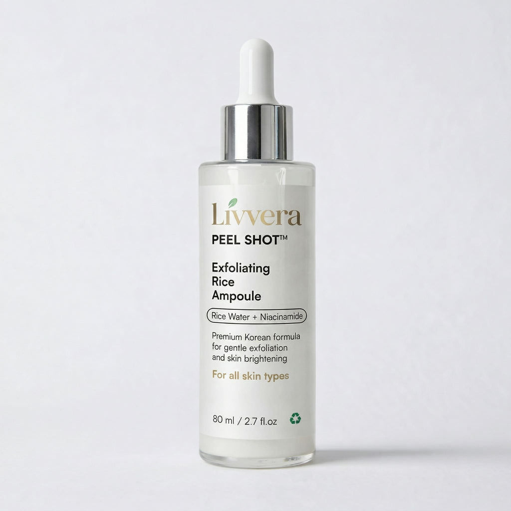 Livvera Exfoliating Rice Ampoule bottle on a white background