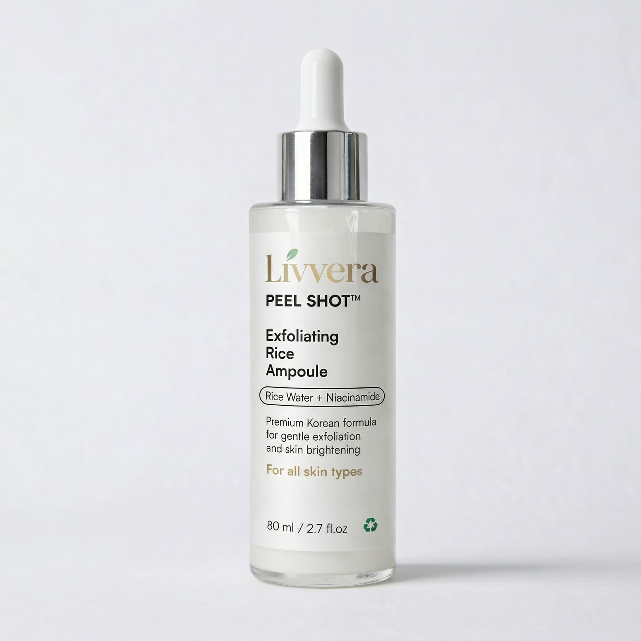 Livvera Exfoliating Rice Ampoule bottle on a white background