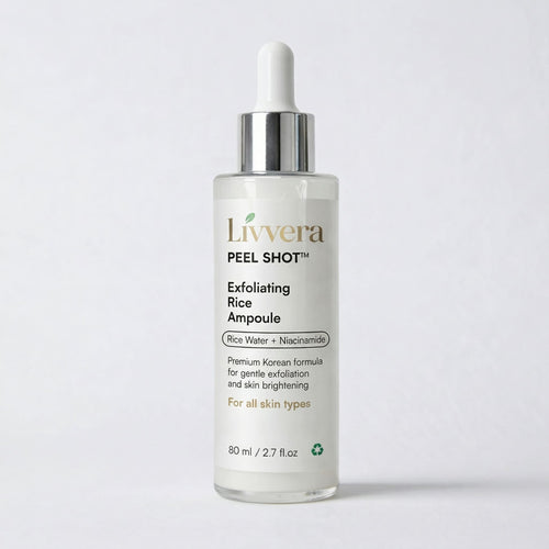 Livvera Exfoliating Rice Ampoule bottle on a white background