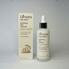 Livvera Exfoliating Rice Ampoule bottle and packaging on a gray background