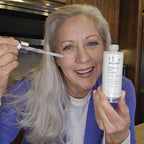 Woman applying Livvera rice water peel shot as part of her daily Korean skincare routine.